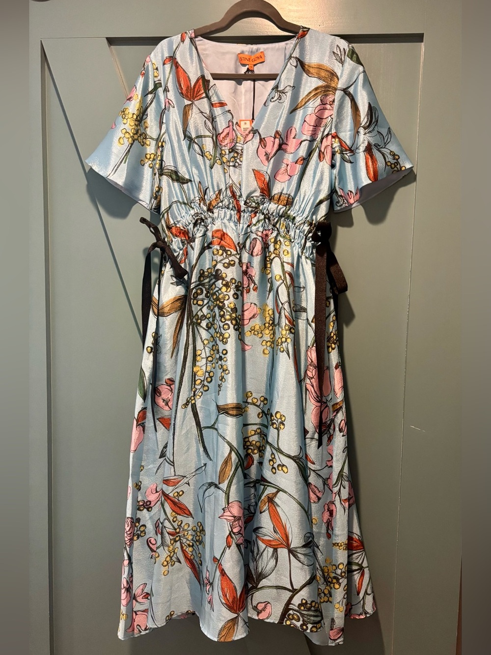 STINE GOYA Light Blue Floral V-Neck Dress with Pink & Gold Accents - NWT